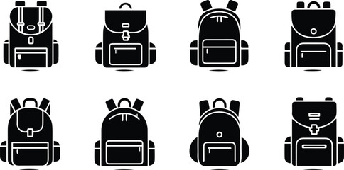collection of eight different backpack icons, showcasing various styles and designs for school, travel, and everyday use