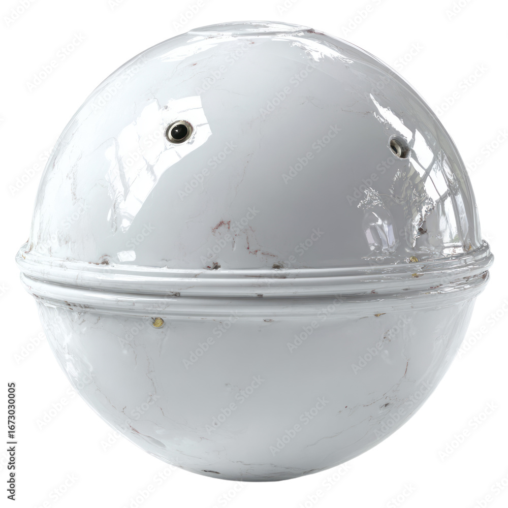 Poster smooth reflective marbled spherical object with two small apertures and a dividing seam
