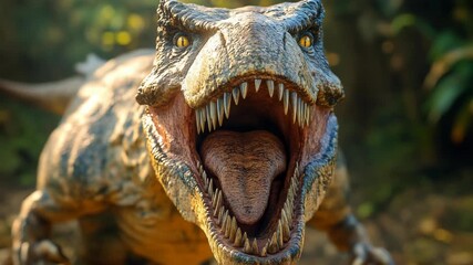 A roaring Tyrannosaurus rex dominates a lush prehistoric jungle, its razor-sharp teeth and powerful jaws captured in lifelike detail, the raw power and ferocity of Earth ancient prehistoric predators - Powered by Adobe