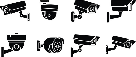 security camera icons featuring surveillance equipment and cctv systems for video monitoring and digital protection purposes