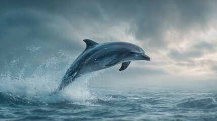 Fototapeta premium Dolphin leaps joyfully from a choppy ocean under a cloudy, overcast sky