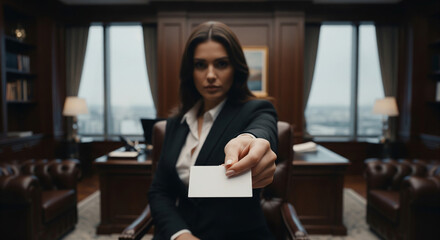 Business Card Presentation: A confident businesswoman offers a pristine business card, set against the backdrop of a sleek, modern office with panoramic city views.