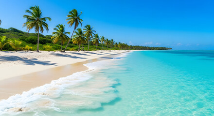 Naklejka premium Serene tropical beach escape showcasing pristine white sand, turquoise waters, and swaying palm trees under a clear blue sky, evoking a sense of tranquility and vacation bliss