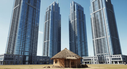 Fototapeta premium Harmony of Contrasts: A traditional rustic building stands in stark contrast to modern high-rise skyscrapers, against a backdrop of vibrant blue skies.