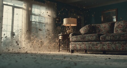 Interior scene, leaves swirling in a room
