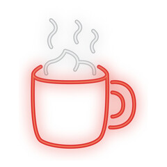 Doodle Neon Signboard of a steaming coffee cup symbolizing warmth, relaxation, or cafe themes on a transparent background