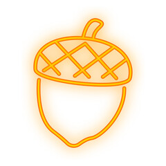 Doodle Neon Signboard of a glowing acorn icon representing fall harvest, forest nature, or seasonal decoration on a transparent background