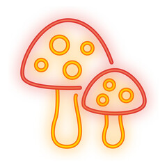 Doodle Neon Signboard of two stylized mushrooms glowing in orange and red, ideal for forest, fantasy, or autumn themes on transparent background