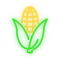 Doodle Neon Signboard of a yellow corn cob with bright green husk, perfect for farm, harvest, or food themes on a transparent background