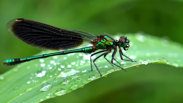 A vibrant dragonfly rests delicately on a dewy leaf, showcasing its intricate patterns and iridescent colors.