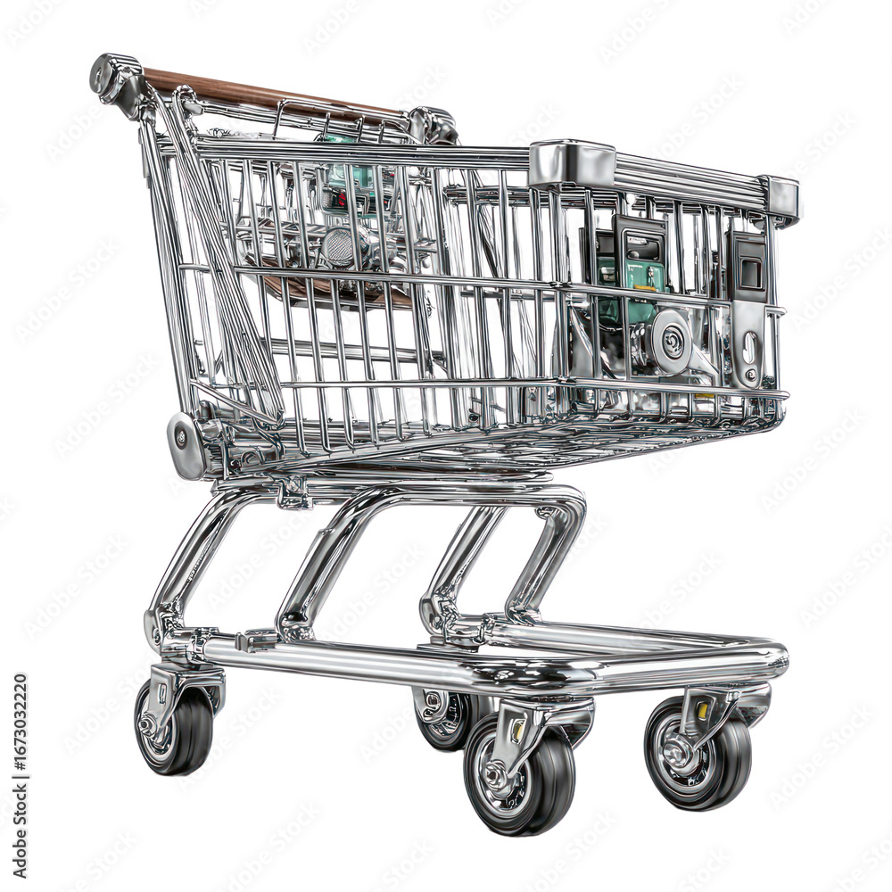 Poster chrome shopping cart filled with electronic components and computer parts