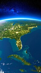 Fototapeta premium Nighttime satellite view of southeastern US and Caribbean, showing city lights and coastlines