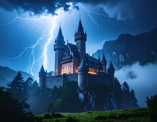 Majestic castle perched atop a cliff, illuminated by a dramatic lightning storm