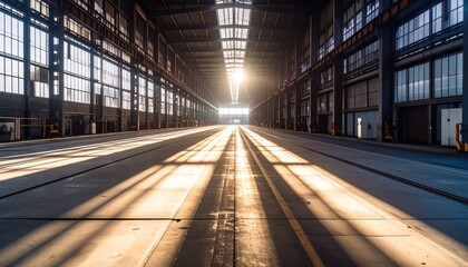 Long industrial hall interior perspective with sunlight streaming in through large windows