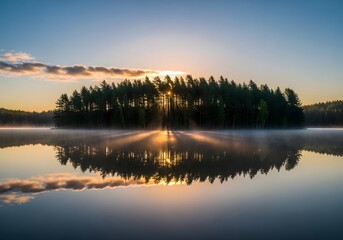Obraz premium Serene Lake Reflection at Sunrise with Sunbeams Through Trees