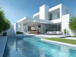 Fototapeta premium Ai generated image of modern villa with a swimming pool, garden, and minimalist architecture, showcasing luxury living and contemporary design in a serene setting