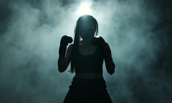 Female Boxer Training with Boxing Gloves in Dark Ring with Smoke and Dramatic Backlight Effect
