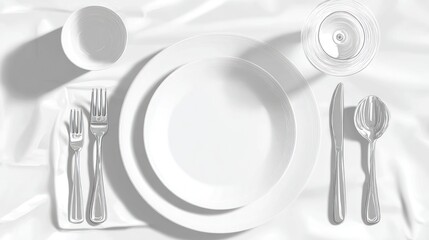 Elegant table setting with white plates, silver cutlery, glass, and napkin on draped fabric