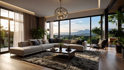 Luxurious modern living room design with expansive windows and scenic mountain vistas