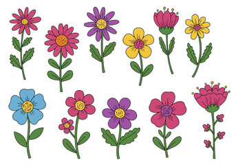 Cheerful spring flowers blooming illustration in pink purple and yellow, vibrant floral vector art. Set of decorative floral doodles elements. Flat cartoon vector illustration.