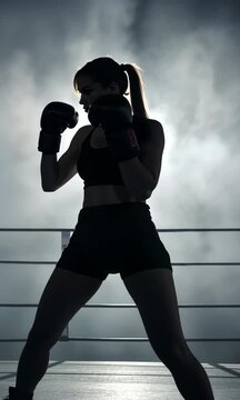 Female Boxer, Training in the Dark Ring with Backlit and Fog Effect