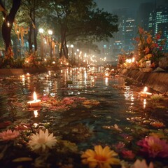Floating Lanterns on a Serene Waterway at Night