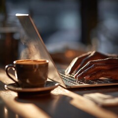 Man Typing on Laptop with Coffee in Cozy Setting
