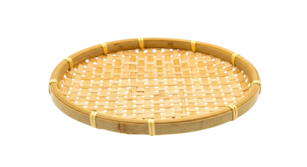 A round bamboo tray isolated on transparent background, showcasing its woven texture, natural material, and rustic charm for serving food and decor