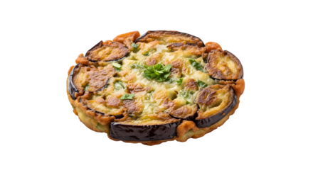 Delicious eggplant gratin with cheese, tomato, and herbs, a tasty vegetarian dish, isolated on transparent background