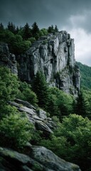 Obraz premium Rugged mountain face, draped in lush greenery. Gray rock, sharp edges, rise above dense forest. Cloudy sky hints at impending weather