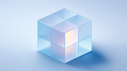 Minimalist 2x2 glass cube with glowing center, showcasing modern design, transparency, and light interplay. Ideal for tech, innovation, or architectural branding visuals.