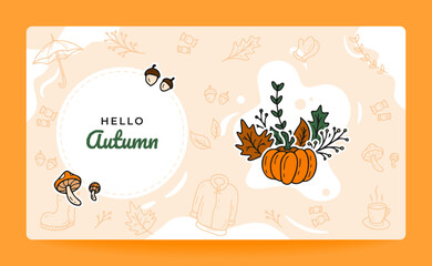 Hello Autumn Doodle Banner with Pumpkin and Seasonal Elements for Landing Page or Website