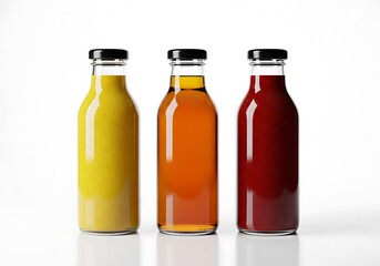 Three Glass Bottles Filled with Different Sauces Against a White Background