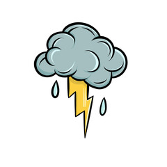 Vector illustration of a cartoon storm cloud with raindrops and a yellow lightning bolt