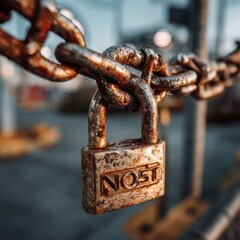 Rusty Chain with Lock in a Urban Background