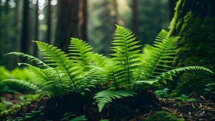Green ferns with fresh foliage flourish in a verdant forest, their fronds creating a beautiful abstract pattern of tropical leaves