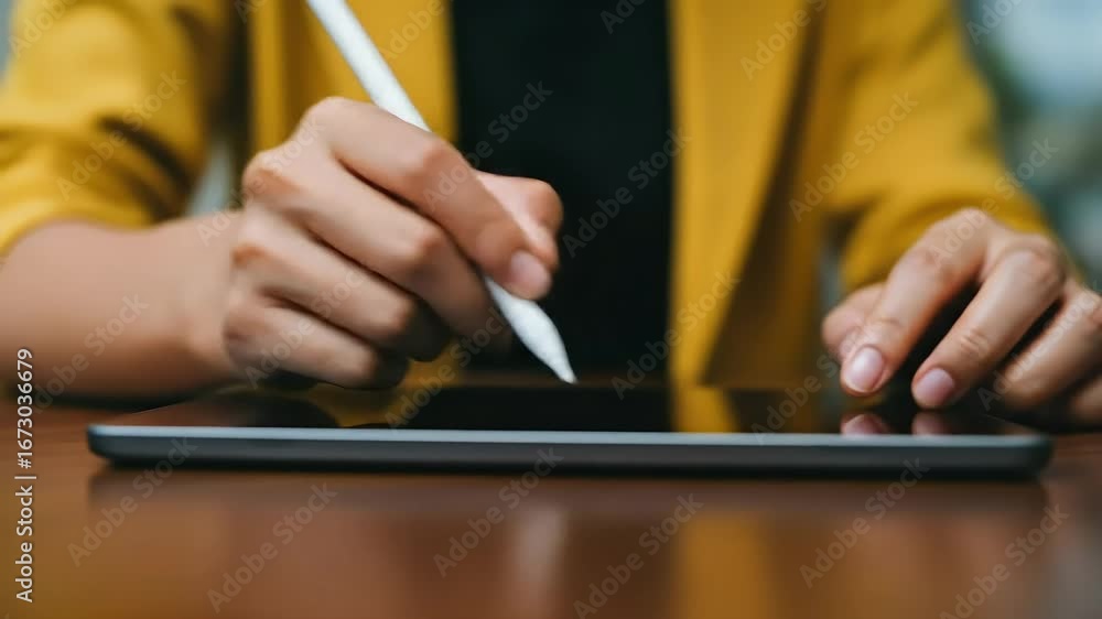 Poster Hands using stylus on tablet close up view
