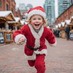 Child in Santa Costume Joyfully Running in Winter Market