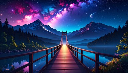 A breathtaking panorama of a starry sky with a bridge over a tranquil lake in a mountain setting