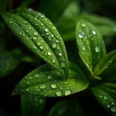 Dewdrops on Green Leaves in Morning Light