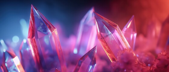 Vibrant crystal formations with sharp edges and glowing light, creating a futuristic and abstract scene