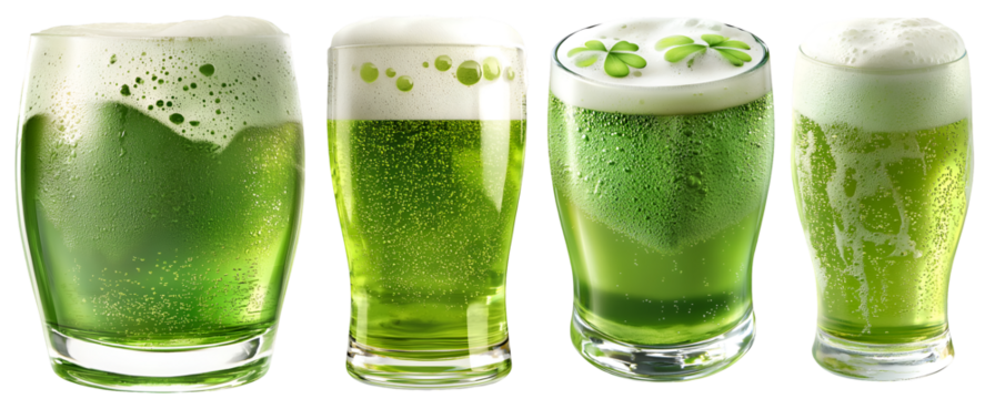 Collection of green matcha tea drinks in glass cups with foam and bubbles isolated on white background