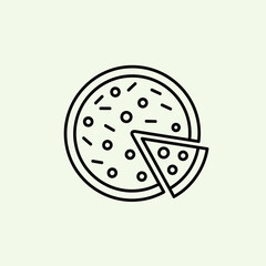 Minimalist pizza icon in modern vector style, simple black outline, one pizza slice slightly separated from the whole pizza