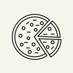 Minimalist pizza icon in modern vector style, simple black outline, one pizza slice slightly separated from the whole pizza