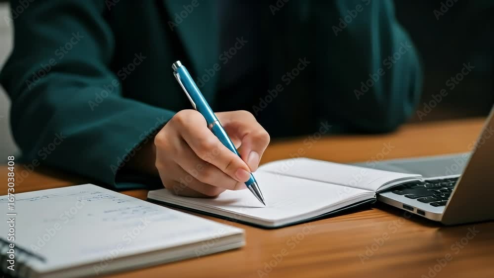 Poster hands writing in notebook close up