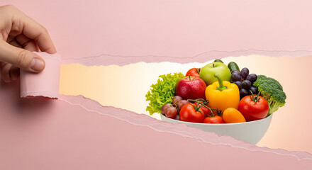 Creative concept of transitioning to a healthy lifestyle, with a hand tearing pink paper to reveal a fresh bowl of nutritious fruits and vegetables