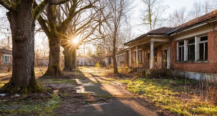 Sunbeams through trees on a path of an abandoned building complex