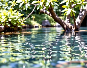 Fototapeta premium Serene Forest Pond with Rippling Water and Green Canopy