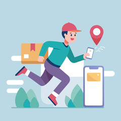 Dynamic illustration of a delivery person running with a package and using a smartphone for navigation and tracking