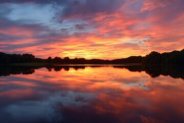 Sunset over lake, peaceful moment.